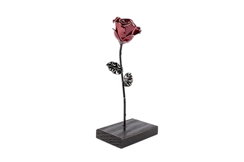 Forging Art Bcn® Rosa Eterna in Ferro Forgiato a Mano con Piedistallo - Regalo Festa della mamma, San Valentino, 6° anniversario di matrimonio, Nozze di Ferro (Rosso/Nero con Base)