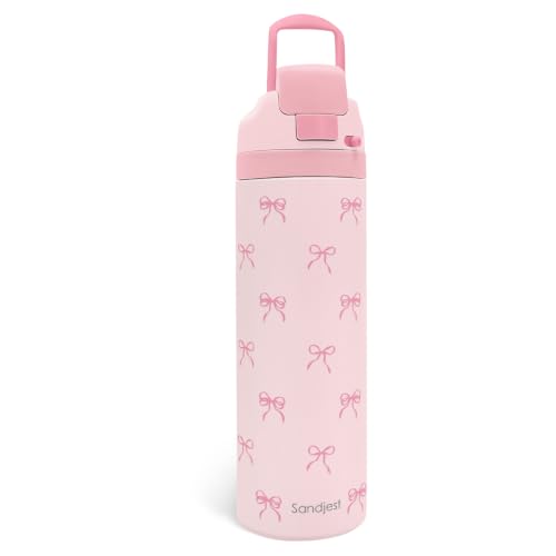 Pink Bow Insulated Stainless Steel Water Bottle with Straw for Sports and Travel 24 Ounces for Women Girls Friends Teens Birthday