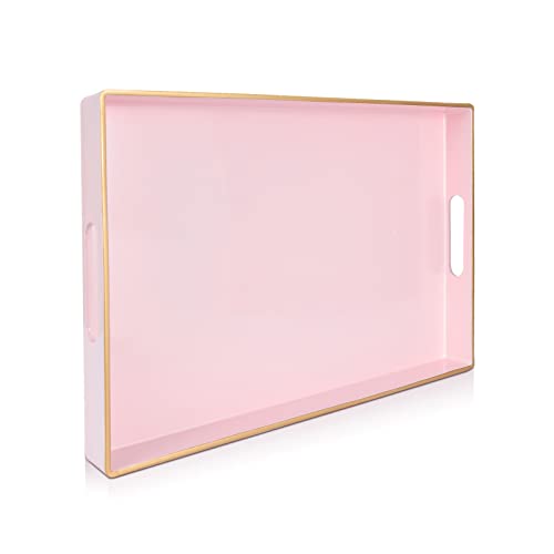 Gifturbo Pink Serving Trays,Decorative Serving Tray with Handles, Coffee Table Rectangular Trays Plastic Tray for Ottoman Bathroom,Living Room, 15.7” x 10.2” x1.37”