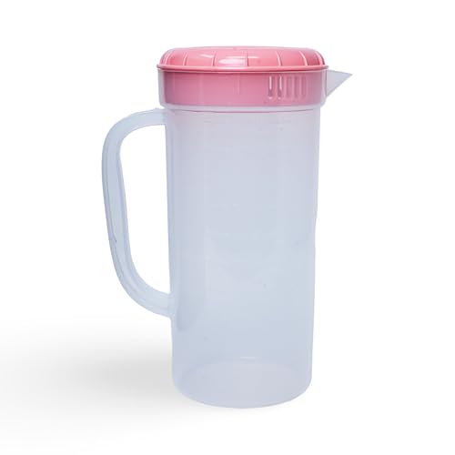 JBK Pottery 1 Quart Plastic Measuring Pitcher with Simple Lid, BPA Free, Shatterproof Beverage Jug for Iced Tea, Lemonade, Juices, Milk – Leak-Proof, Dishwasher Safe, Fridge Friendly | Pink