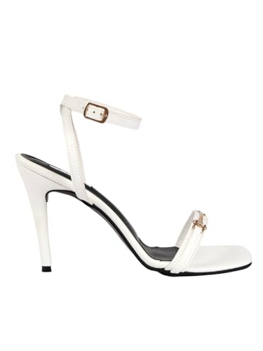 Image of ELLE Women's Square Toe Stiletto Heel Sandals with Gold-Tone Bar Detail and Crisscross Ankle Strap