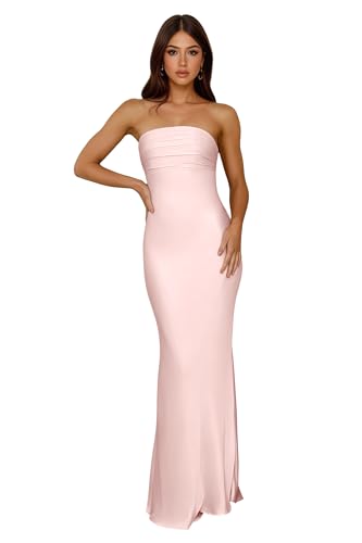 MIRUXIA Strapless Ruched Bridesmaid Dresses for Women Satin Mermaid Long Formal Party Ball Gown Blush Pink US2