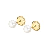 TIME ROAD Pendientes Niña de Oro 9K HIN00001/4 - Cierre Seguro de Rosca - Pendientes de Perla 4 mm - Infantil - Ideal como Regalo de Comunión o Cumpleaños