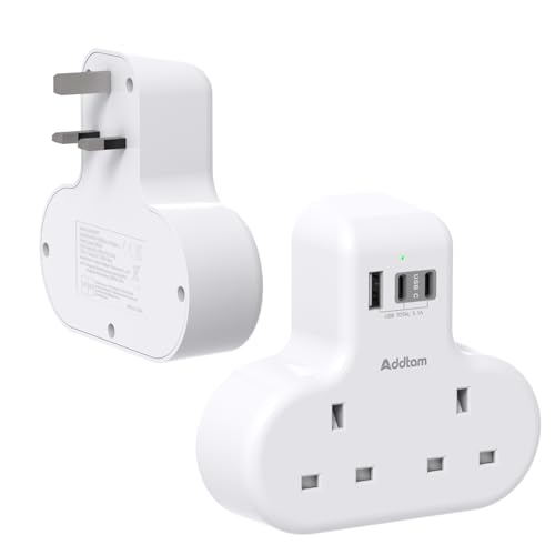 [2 Pack] Addtam Double Plug Extension, 2 Way Multi Socket Adaptor with 3USB