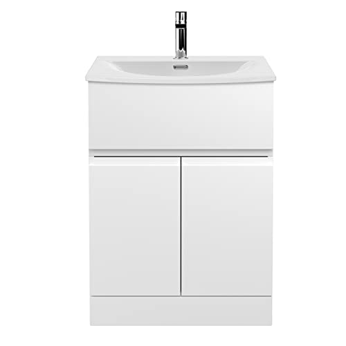 Image of Hudson Reed URB103G Urban Modern Bathroom Floor Standing 2 Soft Close Doors and 1 Drawer Vanity Unit with Round Ceramic Basin with 30mm Profile, 600mm, Satin White