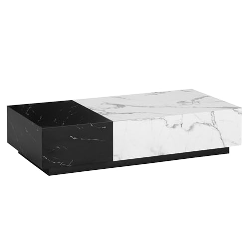 Wohnling Couchtisch 120x60x28 cm Weiß Schwarz Sofatisch in Marmor-Optik Modern, Wohnzimmertisch Niedrig Rechteckig mit Schubladen, Loungetisch Stauraum, Kaffeetisch Groß