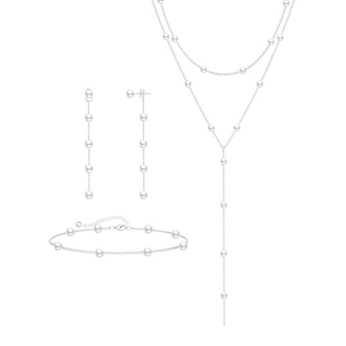 Image of Zeffy Gold Pearl Necklace for Women, Dainty 14K Gold /Silve Plated Layered Pearl Choker Pearl Earrings Pearl Bracelets Wedding Trendy Gold Jewelry Set for Women Gifts
