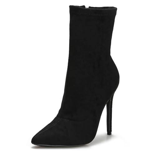 Women's Sock Booties Suede Heels Ankle Boots Sexy Pointed Toe Mid Calf Boots Comfortable Stiletto Side Zip High Heel Short Boots Black Faux Suede Size US 6.5 EU37