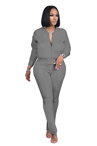Topsrani Women Two Piece Outfits Casual Sweatsuits Bodycon Tracksuit Solid Sweat Suit Zip Crop Jacket Matching Pants Set Baseball Grey Xxl #TOP2