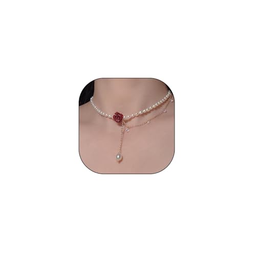 Red Rose Flower Choker Layered Rhinestone Faux Pearl Chain Women Y2K Wedding Necklace