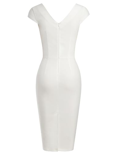 Muxxn MX-7580-WHITE-L Ladies Cut Out Neck High Stretch Pleated Wear To Work Midi Office Dress thumb #1