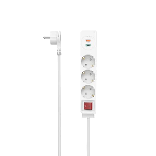 Hama Steckdosenleiste, 3-Fach, USB-C/A 18W, PD/QC, Schalter, Flachst., 1,4 m, W, Weiß
