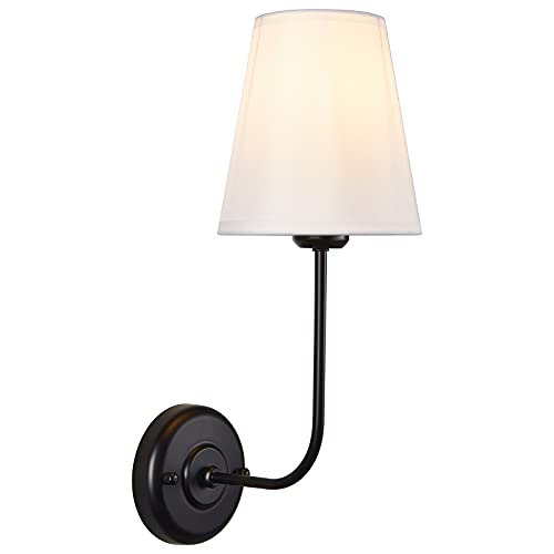 Image of Hardwired Wall Sconce Set of 2 with Flared Shape White Textile Shade Curved Arm and Black Finish Metal Base,Perfect for Bedroom Living Room Bathroom Vanity Area
