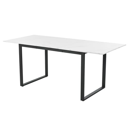 Tavolo da pranzo rettangolare allungabile 140/180 cm, struttura in metallo effetto marmo, tavolo da cucina per 6-8 persone, bianco