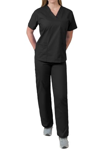 Medgear Womens Scrubs Set Medical Uniform – 4 Pocket Top & Multi-pocket Pants (L, Black)