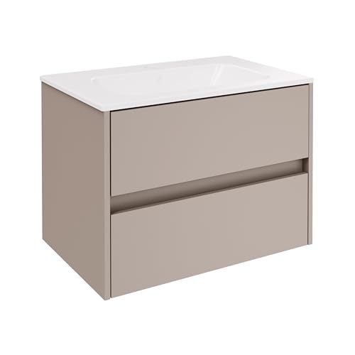 FACKELMANN Compact Line Waschbeckenunterschrank mit Keramikwaschbecken – 2-teiliges Badmöbel-Set in Kaschmir/grau, 71cm breit, 2 Schubladen, wechselbare Griffleiste – Made in Germany