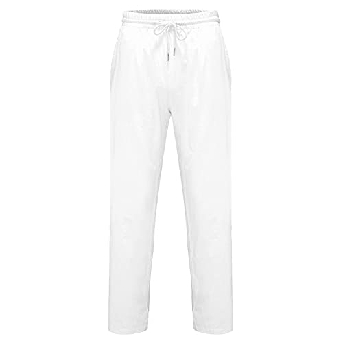 Generic Men's Elastic Waist Drawstring Cotton Trousers Casual Linen Stretchy Beach Pants Summer Loose Fit Lightweight Pant (White,Large)2