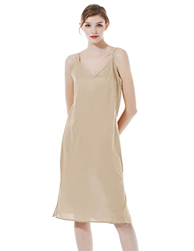 BEAUTELICATE Women Longer Slip 100% Cotton Full Slip with Side Split Under Dress Knee Length Adjustable Straps
