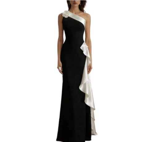 Women One Shoulder 3D Floral Color Block Ruffle Satin Mermaid Floor Length Evening Maxi Gown (Black and White,Medium)
