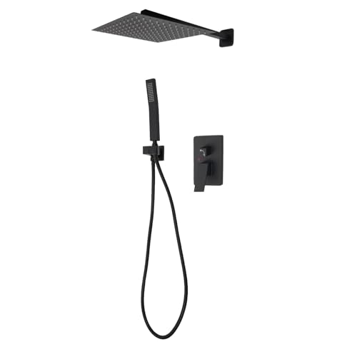 Système de douche avec régulateur de température, design encastré, douche à effet pluie murale, pommeau de douche carré, en acier inoxydable, noir