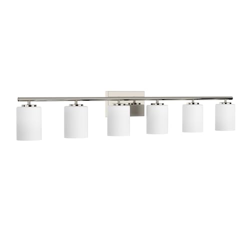 Image of Progress Lighting Replay Collection 6 Light Bathroom Vanity Light, Modern Bath Lighting Fixture with Etched White Glass Shades for Over the Mirror, Reversible Mounting, Polished Nickel