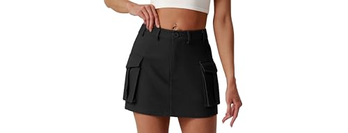 Lepunuo Plus Size Cargo Skirt Y2K Mini Button Bodycon High Waisted Flap Pockets Skirts with Pockets Black