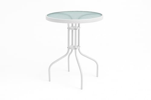 HERSIG - Mesa de Jardin Redonda de Acero y Vidrio Templado - Mesa Exterior Color Blanco 60x70 CM - Mesas de Terraza y Jardín Redondas Resistentes - Mesas para Verano Exterior con Cristal Texturizado