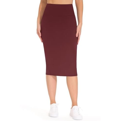 THE GYM PEOPLE Women's High Waist Tummy Control Pencil Skirts Stretchy Bodycon Midi Skirt Below Knee with Back Slit Small Wine Red