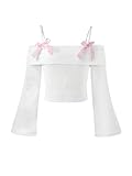 Verdusa Girl's Tops Off The Shoulder Long Sleeve T Shirt Ribbed Knit Cute Clothes for Girls 10-12 White 9 Years
