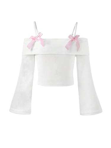 Verdusa Girl's Bowknot Off The Shoulder Cami Tops Ribbed Fold Over Long Sleeve T Shirt Tween Girl Outfits