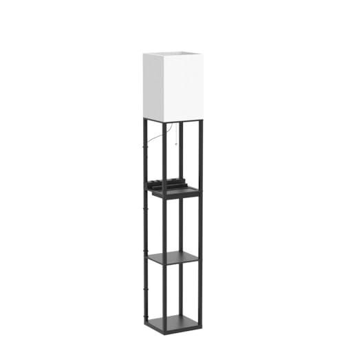 Image of SUNMORY Floor Lamp with Shelves, Solid Wood Shelf Lamps for Living Room | 1 Drawer & 2 USB Ports & 2 Power Outlet, 3 CTT Bulb, Modern Dimmable Standing Lamp, Corner Tall Bookshelf for Bedroom, Office