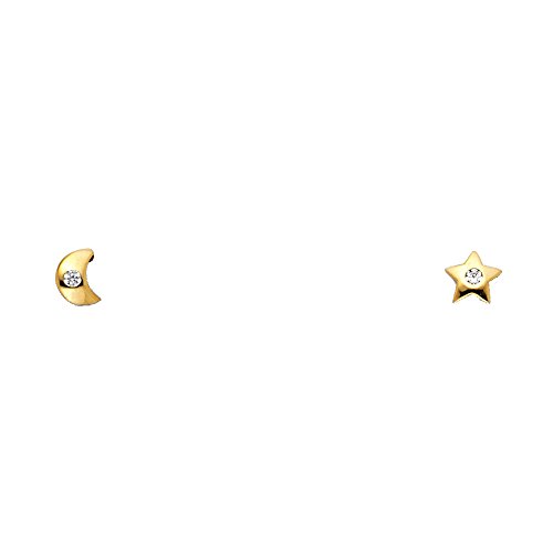 Wellingsale 14K Yellow Gold Polished Moon And Star Stud Earrings With Screw Back2