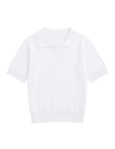 Girls Short Sleeve Polo Shirt Summer Knit School Uniform Blouse V Neck Cable Pullover Sweater Tops 5-14 Years, White, 7-8 Years