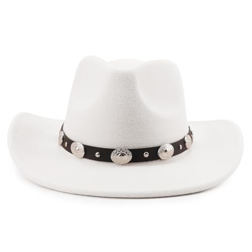 Image of DRESHOW Women Men Classic Felt Wide Brim Western Cowboy & Cowgirl Cap Belt Buckle Retro Panama Hat Unisex Rolled up Caps