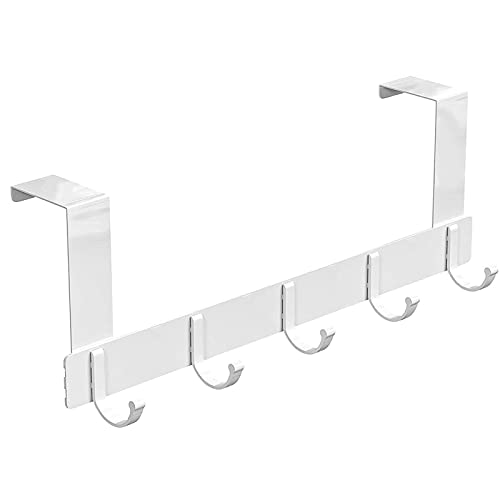 Alfresco Perchero Puerta, Colgador Puerta con 5 Ganchos, Acero Inoxidable Percha Puerta, Colgadores Gancho, no se Requiere Taladrar, Adecuado para Dormitorios, Baños, Salas de Estudio, Blanco Cover