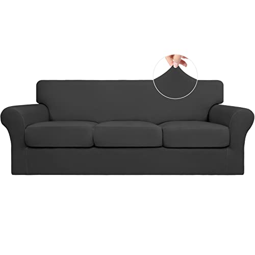 Easy-Going 4 Pieces Stretch Soft Couch Cover for Dogs – Washable Sofa Slipcover for 3 Separate Cushion Couch – Elastic Furniture Protector for Pets, Kids (Sofa, Dark Gray, Large)