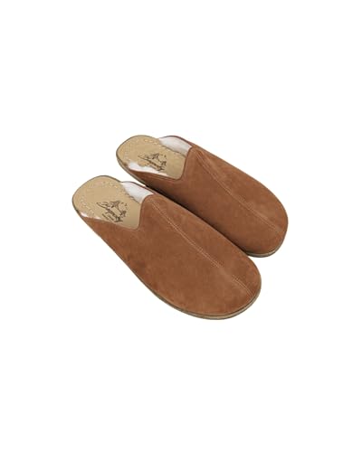 Golden Horn Tan Color Artisan Handcrafted Nubuck Genuine Leather Grounding Barefoot Shearling Slipper For Men Wide Toe Box Flexible Sole Lightweight Breathable Eco-Friendly Grounding Minimalist Shoes
