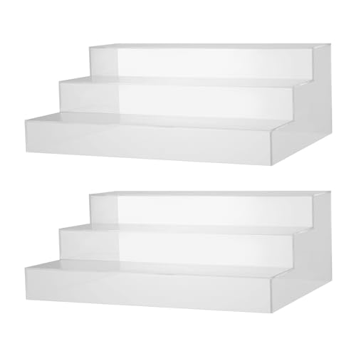 2PCS Liquor Bottle Display Shelf, 16 Inch 3-Step Acrylic Bar Shelf Countertop Riser Display with Hollow Base, 11lbs Capacity/Tier for Home, Commercial Bar (Clear)