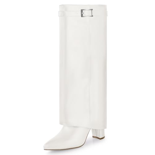 Ankis Fold Over Knee High Boots for Women Chunky Heels Pointed toe with Side Zipper Long Tall Boots