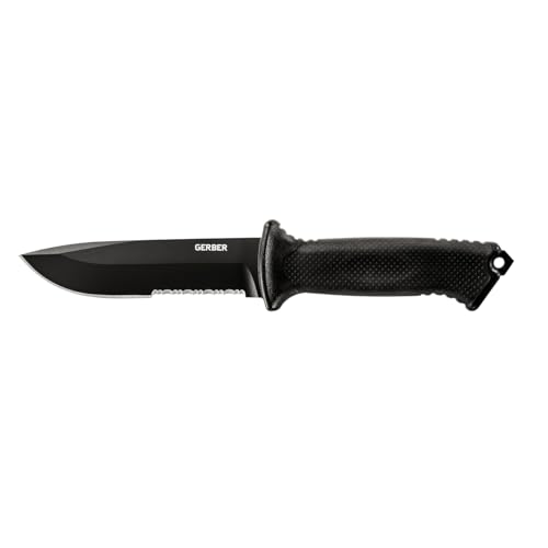 Gerber Gear Prodigy Fixed Blade Survival Tactical Knife - Full Tang, Serrated Edge Knife - American High Carbon Steel Blade - Molded Soft-Grip - with Protective MOLLE Sheath - Black