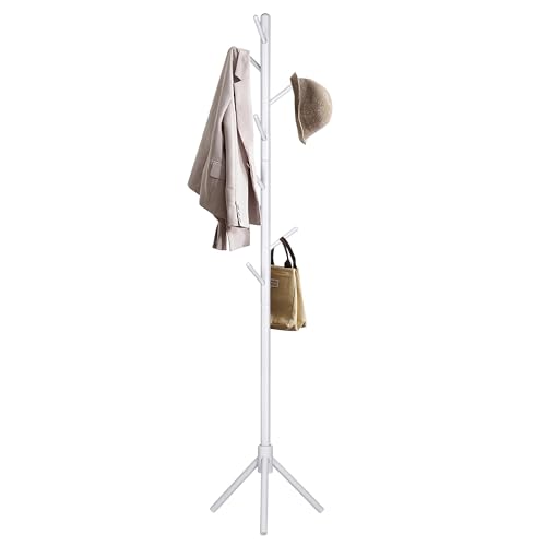 Perchero De Pie Madera de Haya Blanco Con 8 Ganchos Estilo Árbol Minimalista | Colgador Ropa Sombreros Bolsos Fácil Montaje | Organizador Entrada Dormitorio Salón Oficina Compacto Estable Ligero