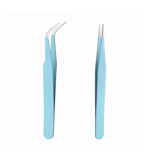 2 Pieces Stainless Steel Craft Tweezers,Versatile Blue Straight and Curved Tip Tweezers for Crafting,DIY,Intricate Projects,Cardmaking,Scrapbooking,Sticker Application,Nail Art,Model Crafting