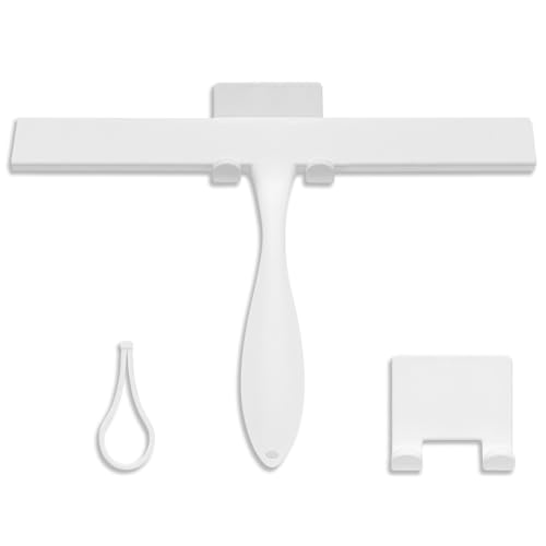 Image of FY&XZH Never Rust Silicone Shower Squeegee for Glass Doors with Hook, Bathroom Cleaner Tool, Household Window and Mirror Squeegee, Ergonomic Thick Handle Squeegee for Shower Glass, 11-Inch (White)