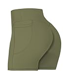 Sunzel No Front Seam Biker Shorts for Women with Pockets, Yoga Workout Gym Bike Shorts with Tummy Control 5' Olive Green Large