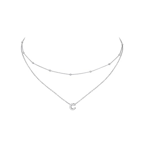 ChicSilver Layered Initial Necklace for Women, 925 Sterling Silver Personalized Letter A-Z Pendant Necklaces, Hypoallergenic Silver Choker with Adjustable 16" Rolo Chain, Dainty Birthday jew