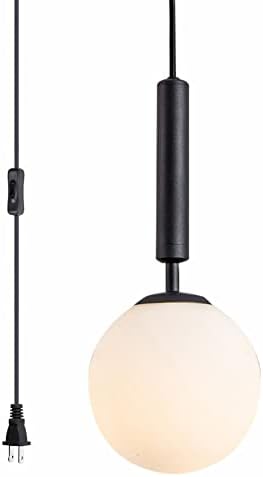 KCO Lighting Modern White Glass Globe Pendant Light Nordic Plug-in Hanging Light Fixture with Adjustable Wire Postmodern Geometric Ball Chandelier for Kitchen Island Dining Room (Black)