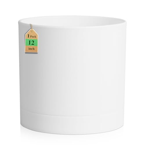 WSMKSZ 12 Inch Large Deep Flower Pots for Outdoor Indoor Plants, Cylinder Tall Plant Pots with Drainage Holes and Saucer, Big Decorative Plastic Planter Pots for Garden House Plants, White