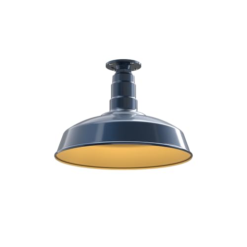 Image of Steel Lighting Co. Carson Barn Light | Ceiling Mounted Pendant | 16 inch Dome | Flush Mount | Industrial Style Steel Light Made in America | Gray Blue Exterior /Brass Interior