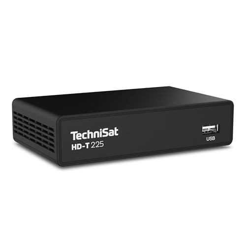 TechniSat HD-T 225 - Kompakter DVB T2 HD Receiver (HDTV, HEVC H265, USB Mediaplayer, HDMI und SCART, 12 V tauglich, EPG, LED Statusanzeige, Fernbedienung) Schwarz