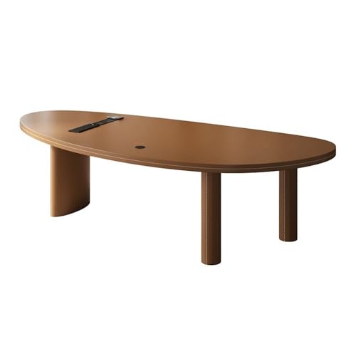 パソコンテーブル マンゴー型の天板と3本脚、多機能充電コンセントを備えたモダンなブラウンサドルレザーデスクPCワークステーション 小さなデスク(S)